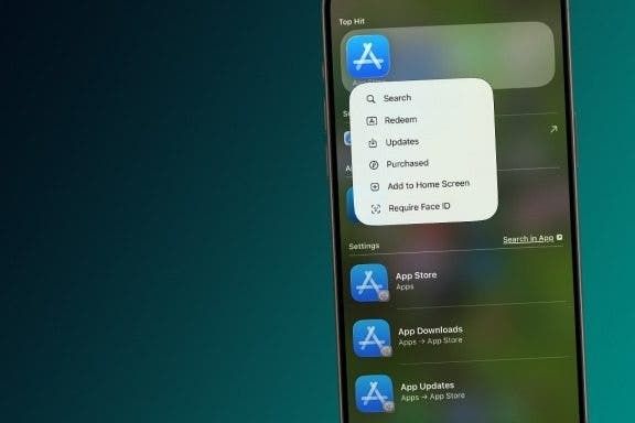 iPhone-skjerm med søk og flere treff for App Store-innstillinger